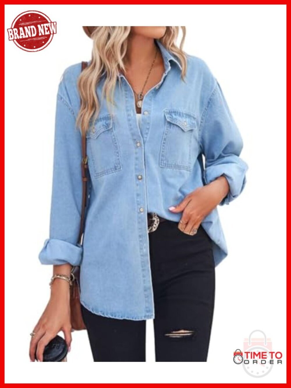 Long Sleeve Denim Jean Button Down Shirt Business Casual Tops